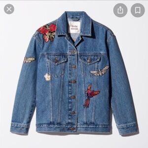 Aritzia Little Moon Dianthus Blue Denim Jacket with Colorful patchwork small